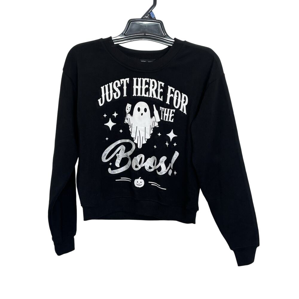 NWT Just Here For the Boos Black Cropped Halloween Ghost Crewneck Size XS